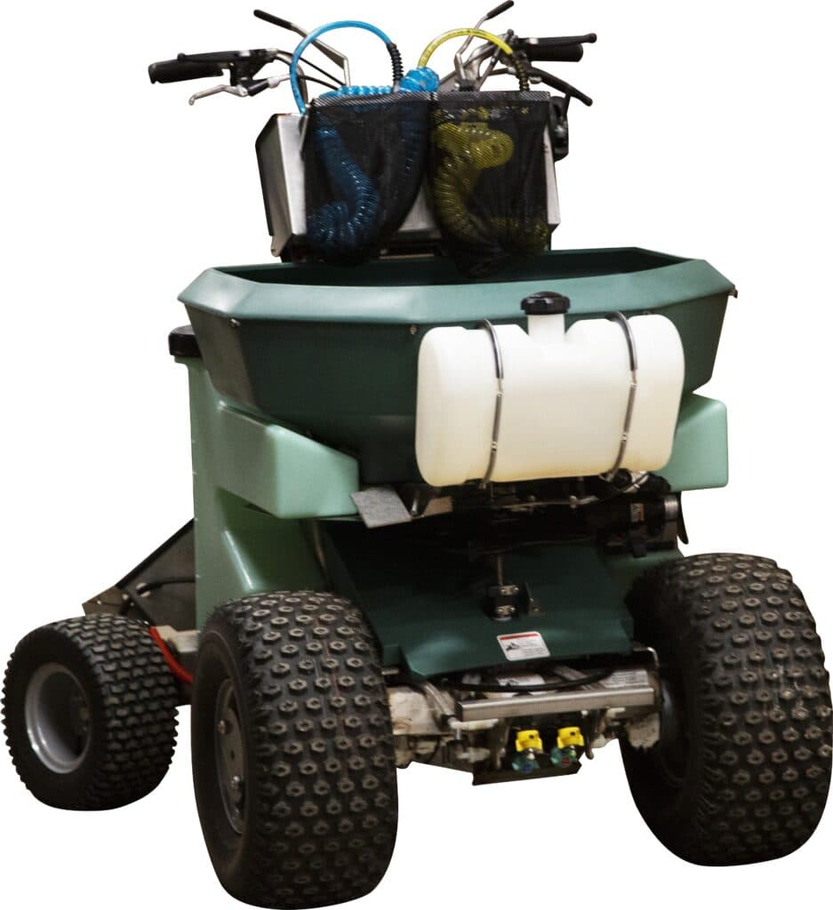 PermaGreen Triumph ride-on spreader sprayer with optional accessories