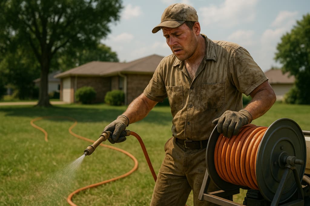 Tired lawn care worker spraying a lawn with a hose pulled from a reel